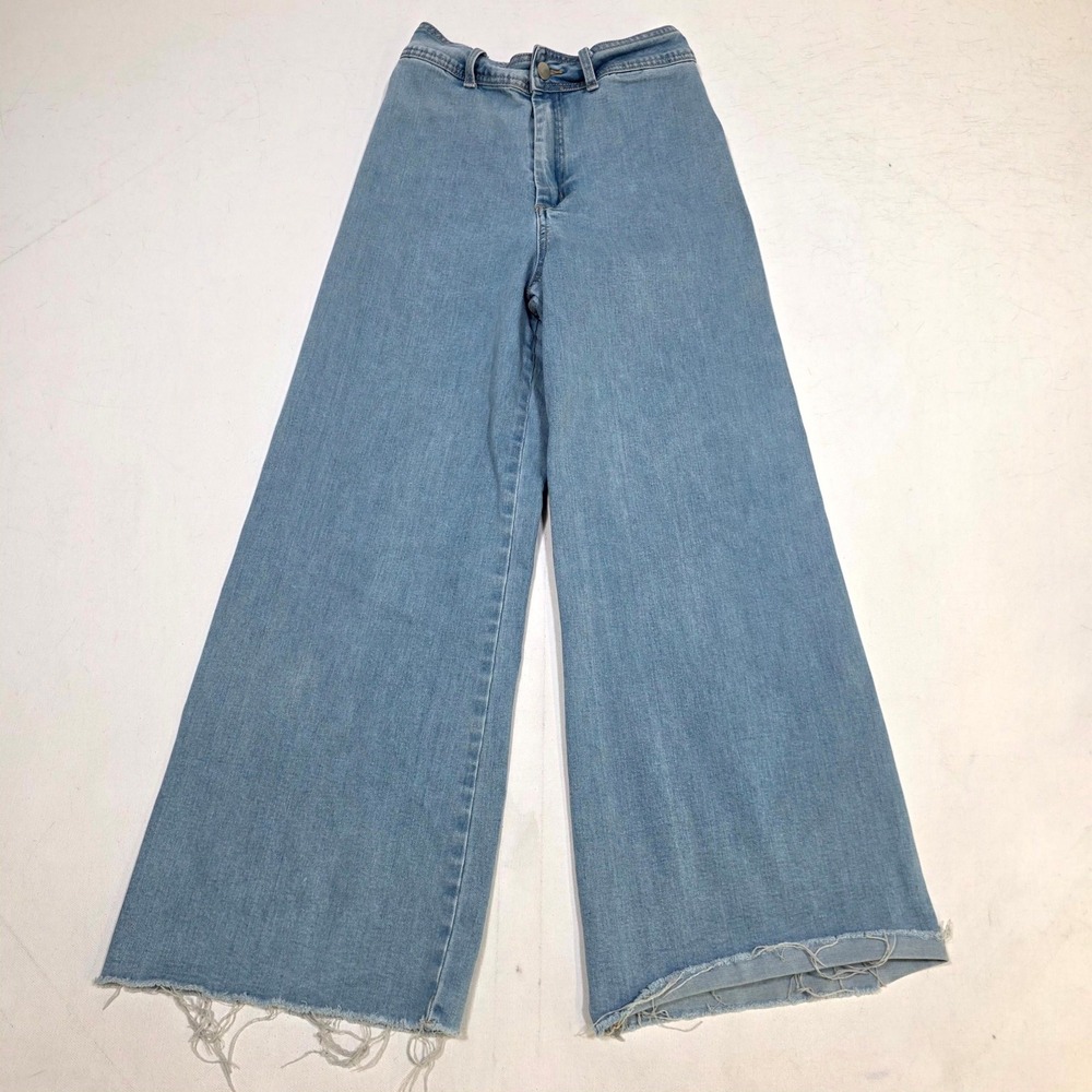 H&M Jeans Womens 25 Light Blue Wide Leg High Waist Raw Hem Frayed Denim